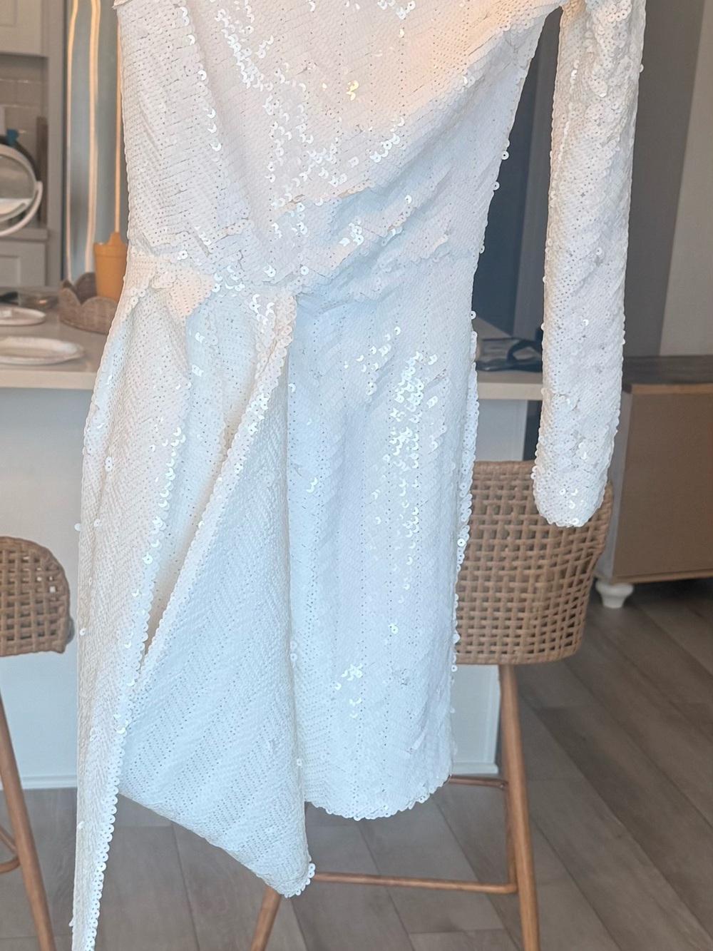 NADINE MERABI White Sequin Long-Sleeve Wrap Dress